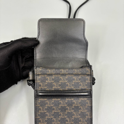Celine Phone Holder Triomphe Calfskin Black Dark Brown Light Brown