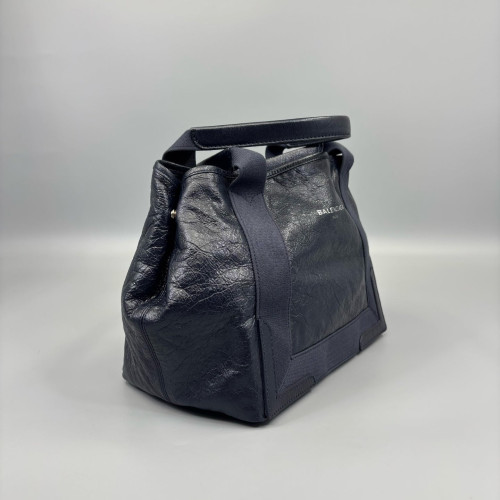 Balenciaga Navy Small Cabas Pull Up Leather Canvas Dark Blue