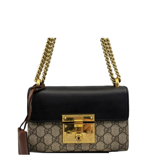 Gucci Small Padlock Shoulder Bag GG Supreme Monogram Black Brown