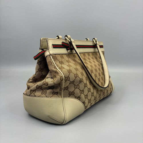 Gucci Bow Tote Bag GG Supreme Monogram Beige Brown White