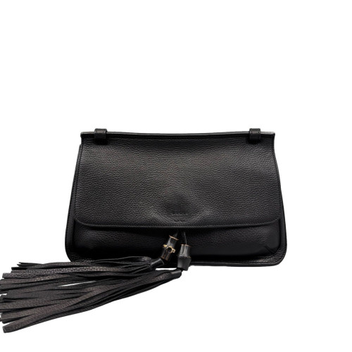 Gucci Bamboo Chain Shoulder Bag Grained Calfskin Black