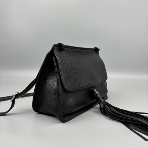 Gucci Bamboo Chain Shoulder Bag Grained Calfskin Black