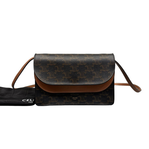 Celine Wallet On Chain WOC Triomphe Calfskin Brown Dark Brown Light Brown