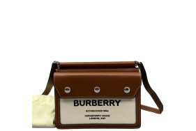 Burberry Horseferry Print Mini Title Bag Calfskin Canvas Brown Beige