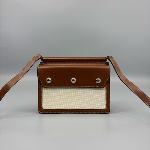 Burberry Horseferry Print Mini Title Bag Calfskin Canvas Brown Beige