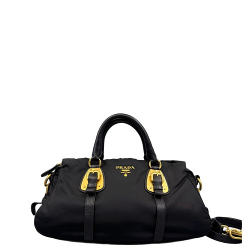 Prada Bowling Bag Tessuto Nylon Calfskin Black Prada Bowling Bag Tessuto Nylon Calfskin Black