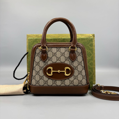 Gucci Mini Horsebit 1955 Top Handle GG Monogram Brown Beige