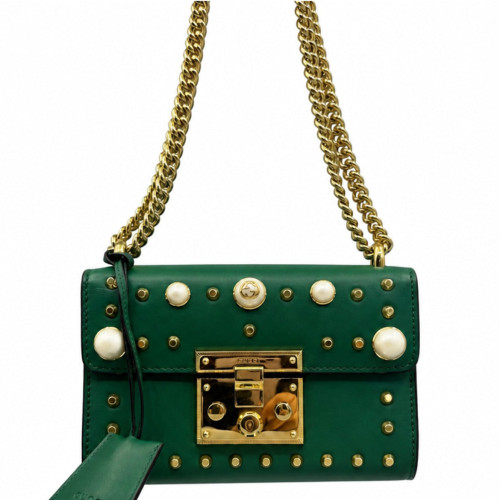 Gucci Studded Mini Padlock Shoulder Bag Calfskin Green