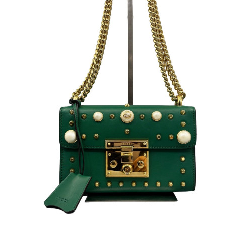 Gucci Studded Mini Padlock Shoulder Bag Calfskin Green