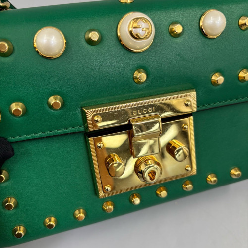 Gucci Studded Mini Padlock Shoulder Bag Calfskin Green