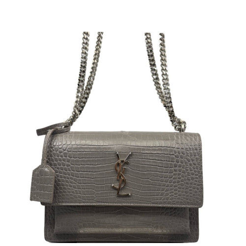 Yves Saint Laurent Medium Sunset Calfskin Crocodile Embossed Grey Yves Saint Laurent Medium Sunset Calfskin Crocodile Embossed Grey