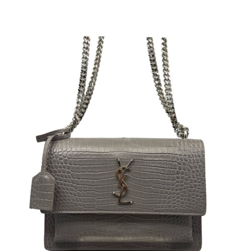 Yves Saint Laurent Medium Sunset Calfskin Crocodile Embossed Grey Yves Saint Laurent Medium Sunset Calfskin Crocodile Embossed Grey