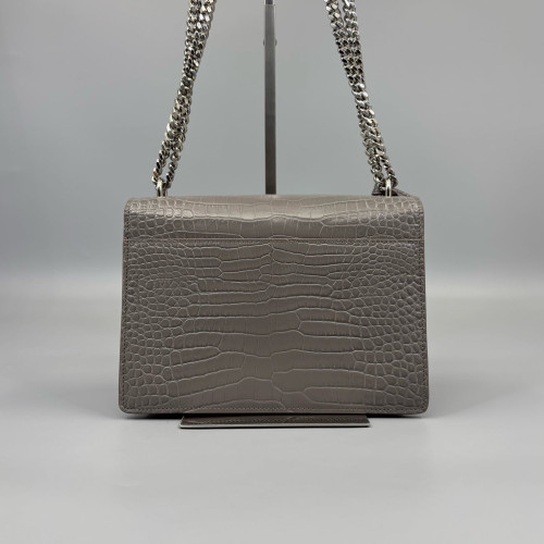 Yves Saint Laurent Medium Sunset Calfskin Crocodile Embossed Grey Yves Saint Laurent Medium Sunset Calfskin Crocodile Embossed Grey