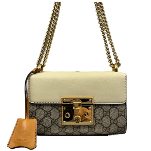 Gucci Small Padlock Shoulder Bag Calfskin GG Supreme Monogram Beige Brown Grey