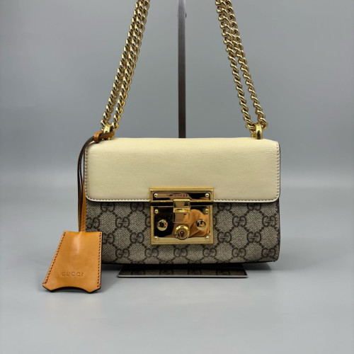 Gucci Small Padlock Shoulder Bag Calfskin GG Supreme Monogram Beige Brown Grey