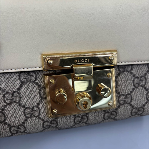 Gucci Small Padlock Shoulder Bag Calfskin GG Supreme Monogram Beige Brown Grey
