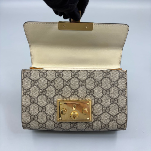Gucci Small Padlock Shoulder Bag Calfskin GG Supreme Monogram Beige Brown Grey