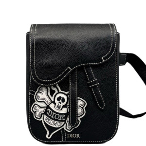 Dior Embroidered Saddle Bag Calfskin Black