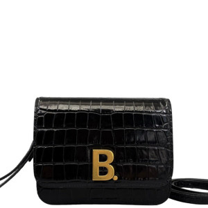 Balenciaga B Dot Flap Bag Calfskin Crocodile Embossed Black