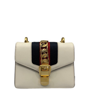 Gucci Mini Sylvie Shoulder Bag Calfskin Fabric White Blue Red