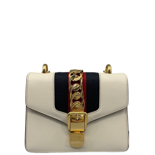 Gucci Mini Sylvie Shoulder Bag Calfskin Fabric White Blue Red