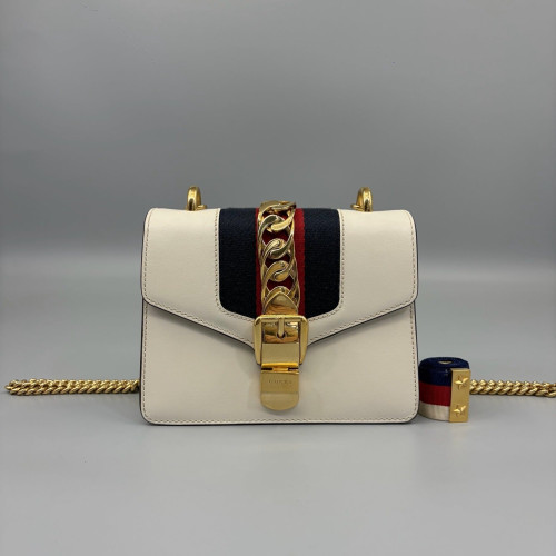 Gucci Mini Sylvie Shoulder Bag Calfskin Fabric White Blue Red