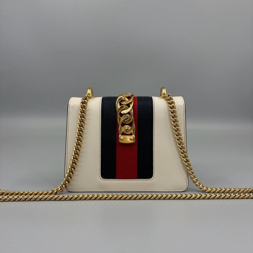 Gucci Mini Sylvie Shoulder Bag Calfskin Fabric White Blue Red