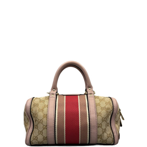 Gucci Boston Bag Canvas GG Supreme Monogram Peach Beige Beige Red