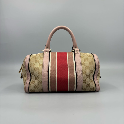 Gucci Boston Bag Canvas GG Supreme Monogram Peach Beige Beige Red