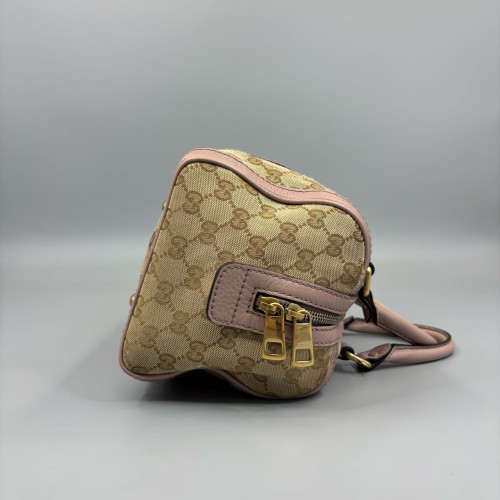 Gucci Boston Bag Canvas GG Supreme Monogram Peach Beige Beige Red