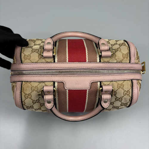 Gucci Boston Bag Canvas GG Supreme Monogram Peach Beige Beige Red