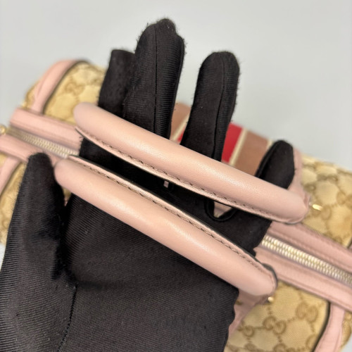 Gucci Boston Bag Canvas GG Supreme Monogram Peach Beige Beige Red