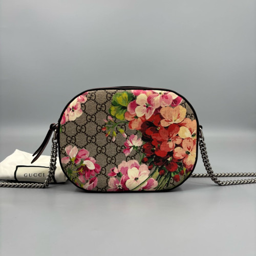 Gucci Round Bag GG Supreme Monogram Blooms Calfskin Beige Black Pink