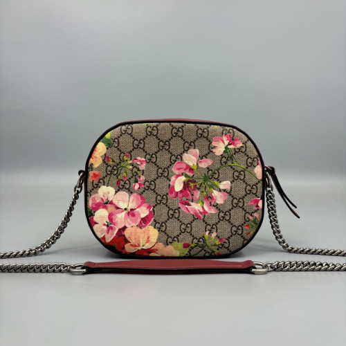 Gucci Round Bag GG Supreme Monogram Blooms Calfskin Beige Black Pink