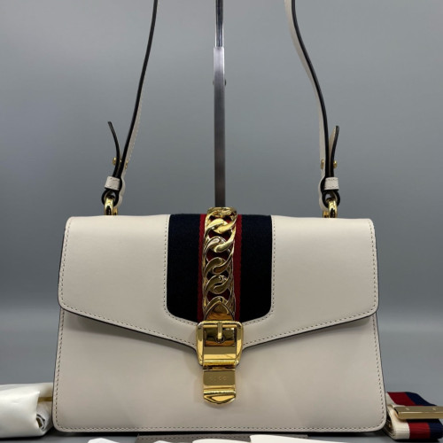 Gucci Small Sylvie Shoulder Bag Calfskin White Black Red