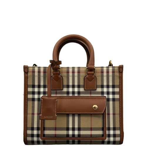Burberry Mini Freya Tote House Check Calfskin Beige Brown Black