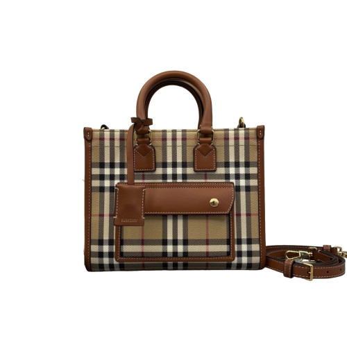Burberry Mini Freya Tote House Check Calfskin Beige Brown Black