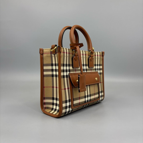 Burberry Mini Freya Tote House Check Calfskin Beige Brown Black