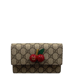 Gucci Mini Cherry Chain Wallet GG Supreme Monogram Beige Brown
