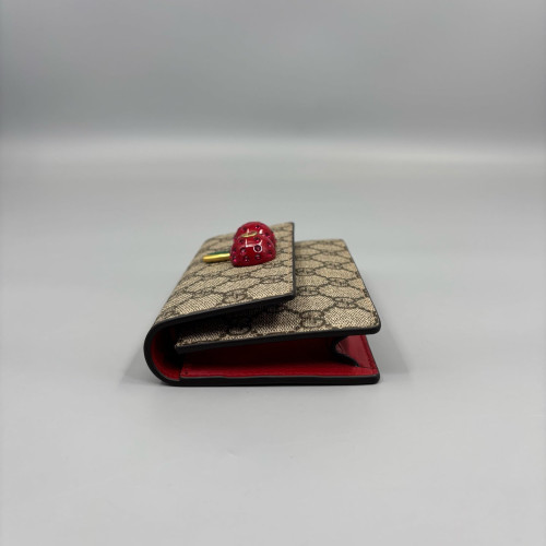 Gucci Mini Cherry Chain Wallet GG Supreme Monogram Beige Brown