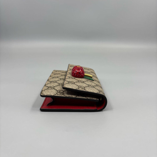 Gucci Mini Cherry Chain Wallet GG Supreme Monogram Beige Brown