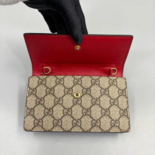 Gucci Mini Cherry Chain Wallet GG Supreme Monogram Beige Brown