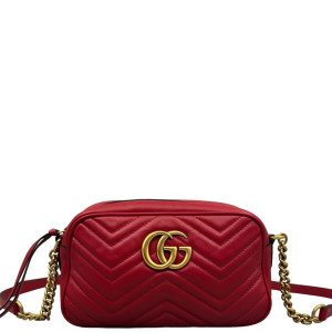 Gucci Matelasse Small GG Marmont Chain Shoulder Bag Calfskin Red