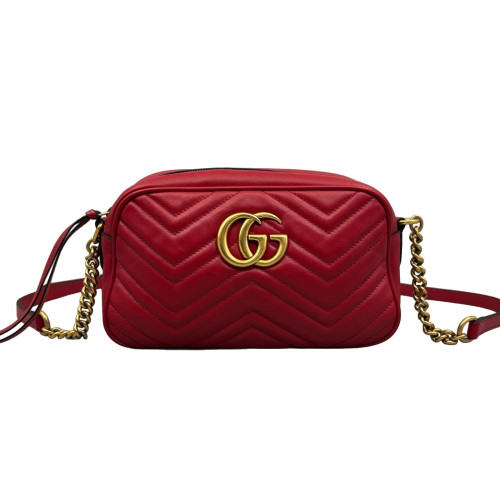 Gucci Matelasse Small GG Marmont Chain Shoulder Bag Calfskin Red