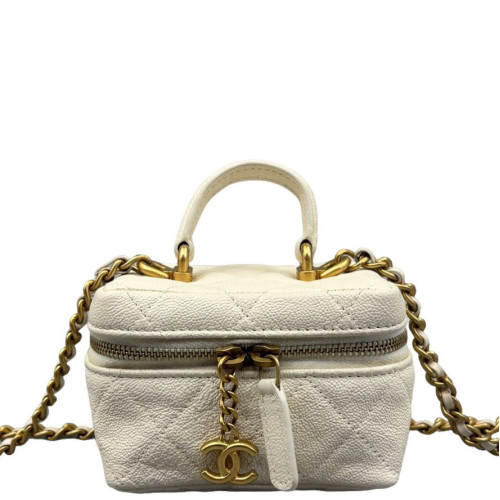 Chanel Quilted Mini Vanity Case Grained Calfskin White