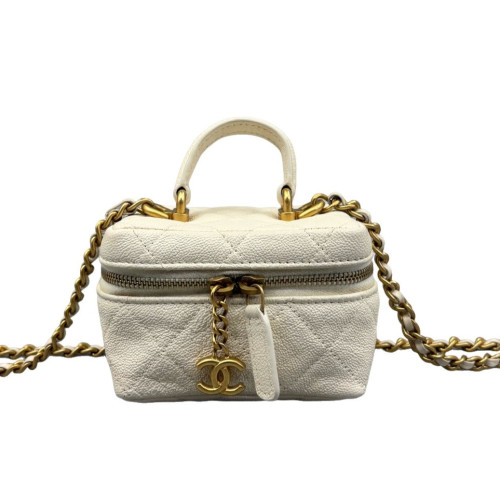 Chanel Quilted Mini Vanity Case Grained Calfskin White