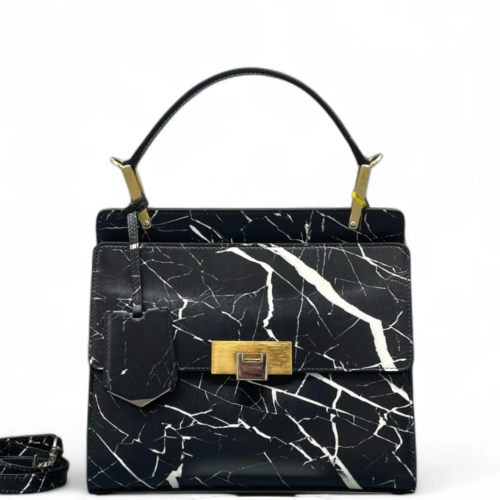 Balenciaga Marble Print Le Dix Cartable Satchel Calfskin Black White