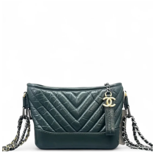 Chanel Chevron Quilted Small Gabrielle Hobo Crumpled Calfskin Green