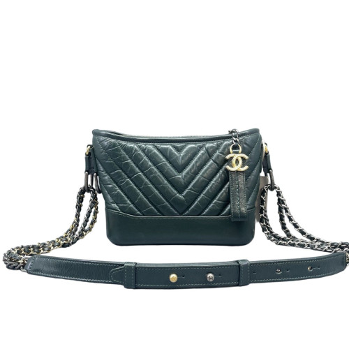 Chanel Chevron Quilted Small Gabrielle Hobo Crumpled Calfskin Green