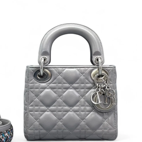 Dior Cannage Strass Mini Lady Dior Lambskin Grey